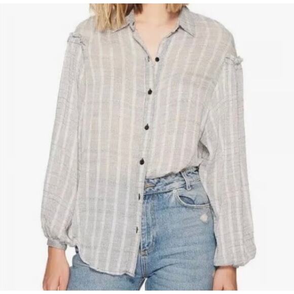 Free People We The Free Blue Striped Ruffle Button-Down Shirt Size Small - Picture 1 of 6
